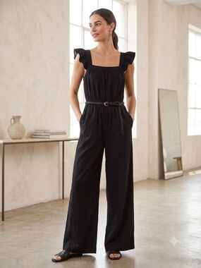 Black Ruffle-Shoulder Wide-Leg Jumpsuit